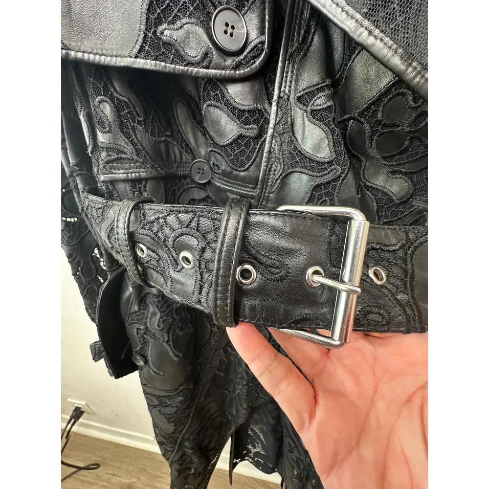 Alexander McQueen Black Leather Lace Belted Trench Coat Made in Italy 14 - Picture 6 of 16
